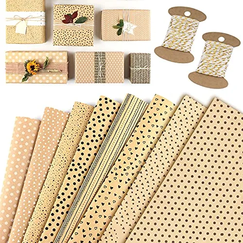 GmeDhc Geschenkpapier, 8 Stück Kraft Geschenkpapier Geburtstag, 50x70cm Hochzeitsgeschenkpapier mit 2 Rollen Baumwollseil, geschenkpapier braun vintage, kraftpapier für Weihnachten