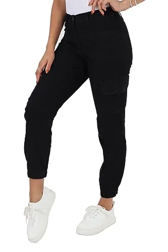 MYT Damen-Jeans mit seitlichem elastischem Bund, Cargohose, normale Passform, Denim, Größe 38-52, Schwarz , 48