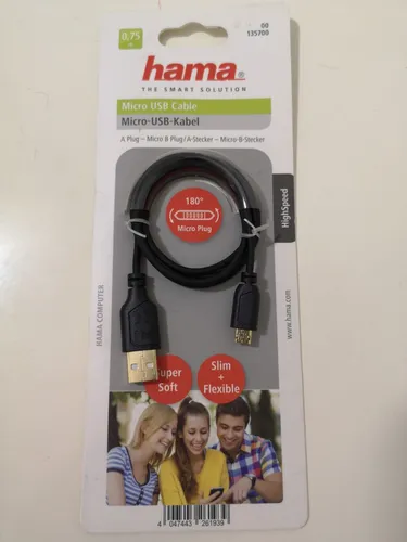 Hama Micro USB-B/USB-A Kabel Super Soft Slim 0,75m Schwarz Vergoldet