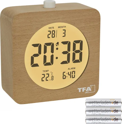 TFA Dostmann Wecker Holz digital mit Innentemperaturanzeige - Eleganter Wecker aus echtem Buchenholz mit großem LCD-Display. Integrierte Temperaturanzeige für ein angenehmes Raumklima. Ideal für Schlafzimmer und Büros, kabellos und flexibel platzierbar.