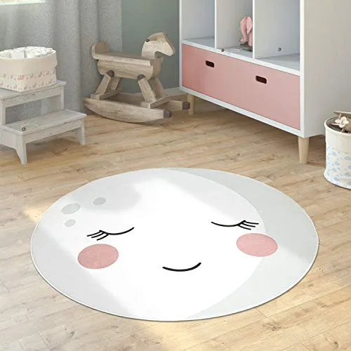 Paco Home Kinderteppich Teppich Kinderzimmer Rund Spielmatte Babymatte rutschfest Modern Mond Koala Löwenkopf, Grösse:80 cm Rund, Farbe:Creme