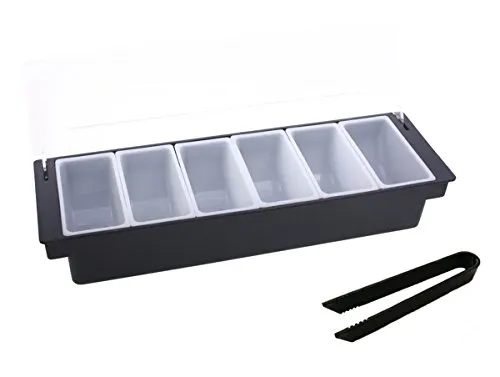 TAMLED Bar- und Zutatenbehälter mit 6 Einsätzen Kunststoff mit Zange Cocktail Beilagen Deko Pizza