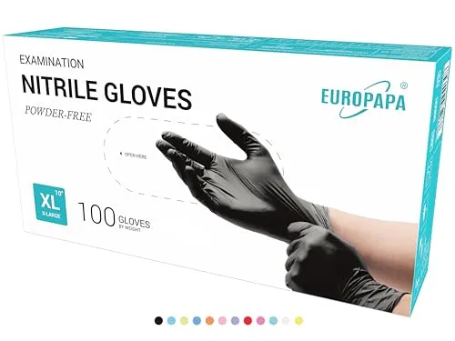 EUROPAPA® 100x Nitrilhandschuhe Box Einweghandschuhe, Einmalhandschuhe, Untersuchungshandschuhe, Nitril Handschuhe, puderfrei, ohne Latex, unsteril, latexfrei, disposible gloves (XL, Schwarz)