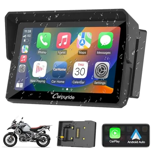 Carpuride W502B Motorrad-Carplay-Bildschirm - 5 Zoll wasserdichter Touchscreen mit Dual Bluetooth für BMW Motorräder, integriert CarPlay und Android Auto für müheloses Navigieren und Musikhören während der Fahrt.