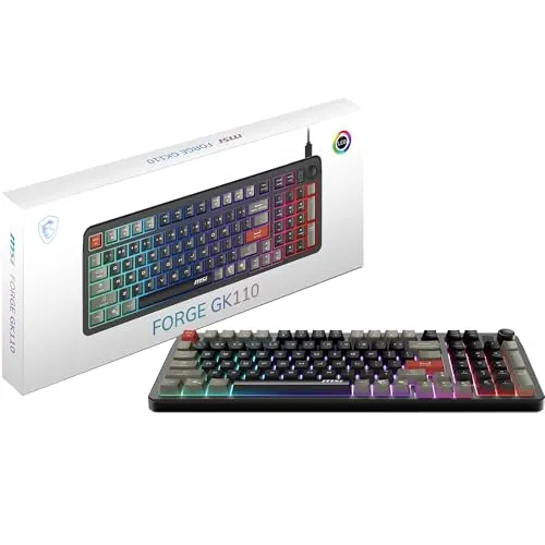 MSI Forge GK110 Gaming-Tastatur (US-Layout) – Membranschalter, RGB, Beleuchtung und Medien-Hotkeys, rutschfeste Unterseite, einstellbare Neigung, USB 2.0 – Full-Size