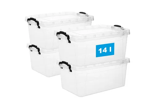 Aufbewahrungsbox mit Deckel und Griff, 14 Liter - 4 Stück, BPA-frei - Aufbewahrungsbehälter mit Deckel aus lebensmittelechtem Kunststoff, stapelbar und ideal für Küche & Haushalt. Robuste Konstruktion für langanhaltende Nutzung und optimale Organisation.