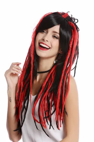 Perücke Damenperücke Cosplay lang glatter Scheitel schwarz rote Rasta Dreadlocks