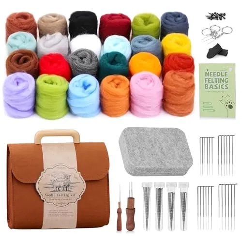 PORFOYO Filzen Starterset, Filzwolle zum Trockenfilzen, 24 Farben, Filzset für Anfänger, Nadelfilzen Set mit Werkzeugen, Anleitung und Aufbewahrung, Komplettes Filzset für DIY Bastelprojekte