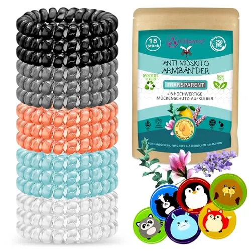 Olleeno® Mückenschutz Armband Moskito Insektenschutz Armband für Outdoor Camping Wandern Sport Anti Mückenarmband für Kinder und Erwachsene (15 Stück + 6 Mückenabwehr Aufkleber)