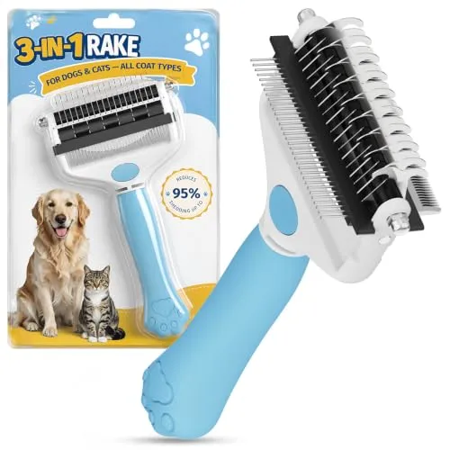 Zivacate 3-in-1 Unterwolle Bürste Hund & Katzenbürste Langhaar | Doppelseitige Unterfellharke (17+9 Zinken) aus Edelstahl, mit ergonomischem Griff, entfernt Unterwolle & Verfilzungen - Blau