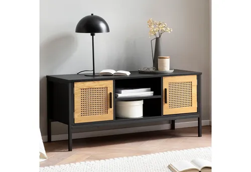 Lowboard FineBuy TV Schrank 110 cm Holz Schwarz mit Wiener Geflecht - Stylischer TV-Unterschrank für Fernseher bis 55 Zoll, mit praktischen Kabeldurchlässen und elegantem Wiener Geflecht. Perfekt für Dein Wohnzimmer!