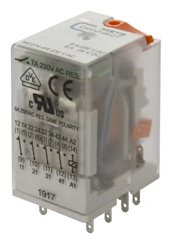 Metz Connect Zeitrelais 110017051407 - Steckrelais 230 V AC, 7 A mit 4 Wechslern, kompakt und zuverlässig für flexible Steuerung