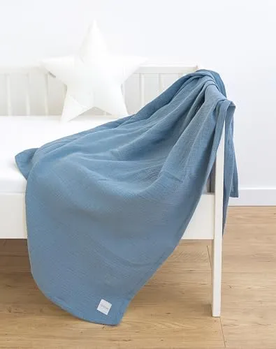 LOOLAY Musselin Decke 120x120cm – 100% Europäische Baumwolle – Leicht Atmungsaktiv – musselindecke Sommer für Kinder – Wickeldecke, Reisedecke und Strandtuch (Meerblau)