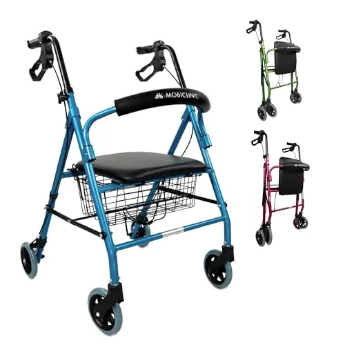 Mobiclinic, Rollator, Escorial, Europäische marke, Faltbar und leicht, Feststellbare handbremsen, Gehwagen für seniore, Aluminium, Mit sitzfläche rückenlehne, Korb, 4 räder, Blau