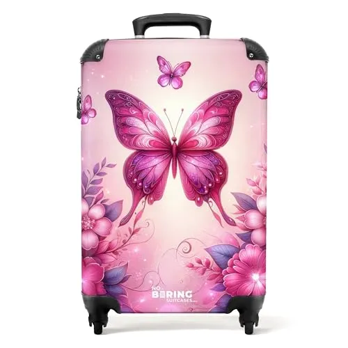 NoBoringSuitcases.com Kinderkoffer Schmetterlinge - Violett - Kindergepäck: Leichter Handgepäck Koffer mit robustem ABS-Material, perfekt für kleine Reisende. Inklusive integriertem Zahlenschloss für extra Sicherheit.