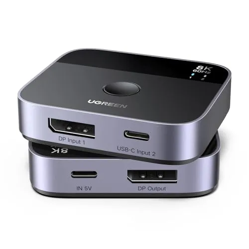UGREEN DisplayPort USB C Switch 2 In 1 Out DP1.4 Switcher 8K60Hz 4K240Hz 2 PC 1 Monitor Unterstützt des Umschaltens zwischen 1 Desktop-Computer und 1 Laptop Kompatibel mit Windows/Linux/MacOS usw.