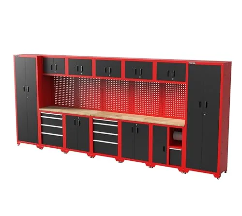 FEISTOS Werkzeugschrank Juno 12 | Schwarz/Rot | inkl. Lochwand - Werkbänke mit stilvollem Design und modularer Bauweise, ideal für individuelle Werkstattlösungen und sicheren Stauraum für Werkzeuge.