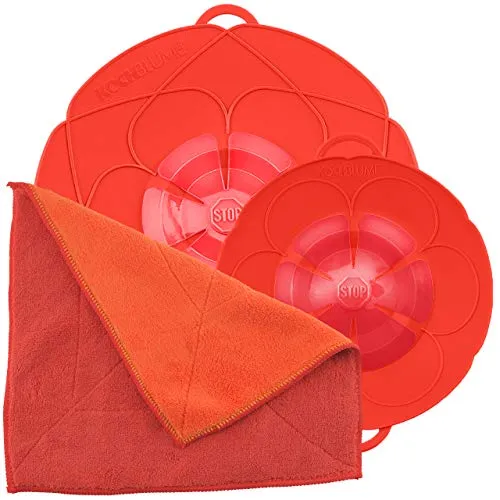 Kochblume Back-Set Starter, 3-teilig - Praktisches 3-teiliges Set mit Kochblume S, Kochblume L und einem Microfasertuch. Die Kochblume verhindert Überkochen und dient als Spritzschutz. Ideal für eine saubere und effiziente Zubereitung in der Küche.