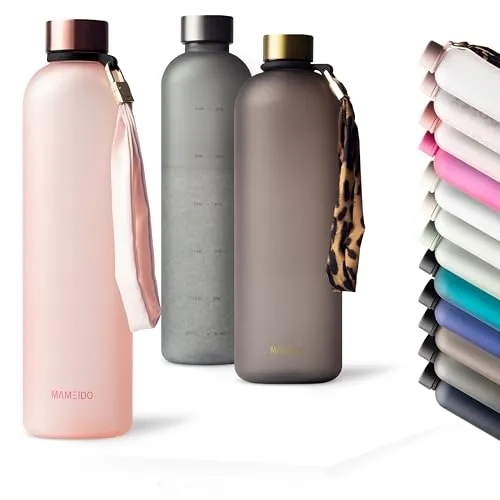 MAMEIDO Trinkflasche mit Zeitmarkierung 1 l Kohlensäure geeignet, auslaufsichere Water Bottle, Wasserflasche BPA frei für Sport, Gym & Büro (Flamingo Pink)