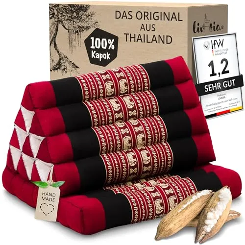 livasia Thaikissen mit 1 Auflage - 75x50x8cm - Handgefertigtes Dreieckskissen mit Kapok (Rot/Elefanten) - VIELSEITIGES DREIECKSKISSEN: Ideal zum Entspannen, Lesen oder Meditieren. Das handgefertigte Kissen aus robustem Baumwollbezug und natürlicher Kapok-Füllung bietet Komfort und Flexibilität – perfekt für jeden Raum und Outdoor-Aktivitäten.