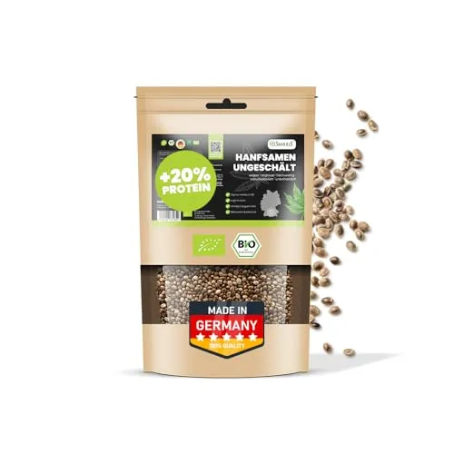 SANUUS Bio Hanfsamen ungeschält 750g - Hanfsamen ungeschält Bio aus Nutzhanf - Vegan Superfood Hanf Samen aus Deutschland High Protein, Vitamine & ballaststoffreich für Shakes, Porridge Müsli