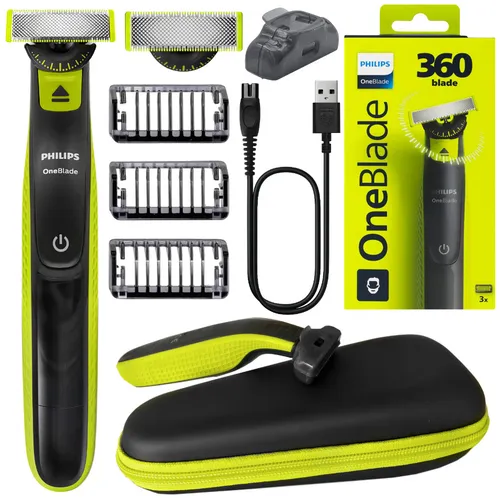 Philips OneBlade 360 QP2724/23 Herrenrasierer schwarz grün, 3 in 1, Reisetasche, 3 Kämme 1 mm 3 mm 5 mm, USB-Ladegerät, wasserdicht, zum Formen ...