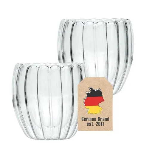 Intirilife 2x Doppelwandige Thermo Gläser -Striped Style- 190 ml Füllmenge - Tassen Set 2 teilig- Schwebeeffekt, Mundgeblasen isoliert für Cappuccino Latte hitzebeständiges Tee Kaffee Glas ohne Henkel