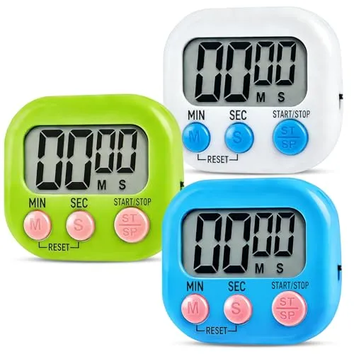 Timer 3 Stück, Eieruhr LCD Digital, küchentimer mit Einklappbarer Ständer Und Magnet, Stoppuhr für Kochen Backen Sport Kinder Studieren (blau, weiß, grün)