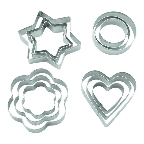 Ausstecher 12er Set Terrassenplätzchen in 4 Designs Herz Stern Blume Kreis Form