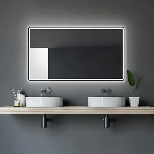 LED Badspiegel TALOS black Moon 120x70 cm - Eleganter Badezimmerspiegel mit Neutralweiß-Beleuchtung - Badspiegel mit hochwertigem Aluminiumrahmen, feuchtwassergeeignet und energiesparend mit LED-Technologie für ein perfektes Spiegelbild und angenehmes Raumgefühl.