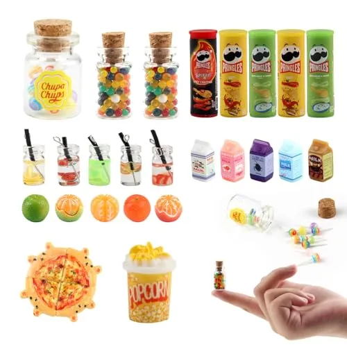 Xbessc 28 Stück 1:12 Wichtel Zubehör Miniatur Essen und Trinken Harz Miniatur Deko SüßIgkeiten Weihnachten Miniatur Lebensmittel Küche Set Mini Puppenhaus Zubehör für Wichteltür Deko