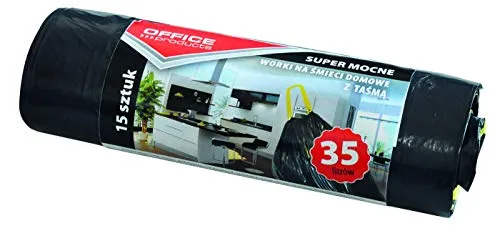 Office Products Müllbeutel 35 L - 15 Stück mit Zugband Stark LDPE| Müllsäcke Mülltüte Abfallsäcke Mülltüte für Den Hausmüll | Farbe: Schwarz | Foliendicke: 25 μm