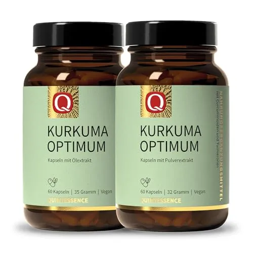 Quintessence Kurkuma Optimum - Hochdosierte Kurkuma Kapseln 120 Stk. - Pflanzliches Ergänzungsmittel Kurkuma mit 65-fach höherer Konzentration an Curcuminoiden, ideal für optimale Bioverfügbarkeit und 100% vegan.