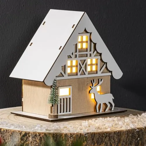 Bambelaa! Tischlicht Winterhütte Weihnachtsdeko aus Holz mit Rentier 3 warmweiße LEDs Batteriebetrieben für Weihnachten Winterdeko Dekofigur Innen ca. 16,5 x 10 x 17 cm LED Beleuchtung Dekoration