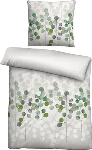 biberna Seersucker Bettwäsche STILISIERTE Pflanze pistaziengrün 155x220 cm - Bettwäsche-Set aus 100% Baumwolle, hautsympathisch und atmungsaktiv. Mit Reißverschluss, bügelfrei und pflegeleicht – für einen erholsamen Schlaf.