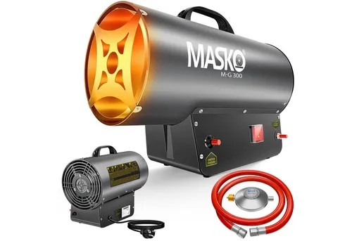 MASKO Heizgerät gasbetrieben inkl. Gasschlauch & Druckminderer Anschluss zu Gasflasche, 30000 W, Gas Heizlüfter mit Turbo Ventilator, Gasheizer Piezo-Zündung