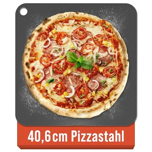 Chef Pomodoro Pizzastahl für Backofen 40,6 x 40,6 cm (6,35 mm), Pizza Stahlplatte, Backstahl für Backofen, Backplatte Brot, Stahlplatte für Herd, Pizza Stahl mit Grifföffnungen