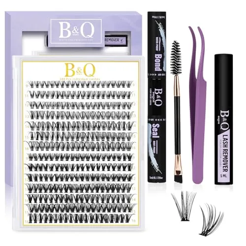 B&Q Lash Extension Set, 0.07D, 9–16Mix - Künstliche Wimpern – 280 Cluster in verschiedenen Längen für individuellen Volumenlook, inkl. Kleber und Entferner für ein professionelles Wimpern-Styling.