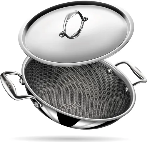 stahl Triply Antihaft-Wok mit Deckel | Ø 24 cm | kratzfest und induktionsgeeignet - Wok aus Edelstahl mit Omni-Wärme-Technologie für gleichmäßige Wärmeverteilung. 100% PTFE- und PFOA-frei, ideal für gesundes Kochen. Perfekt für 4-5 Personen.
