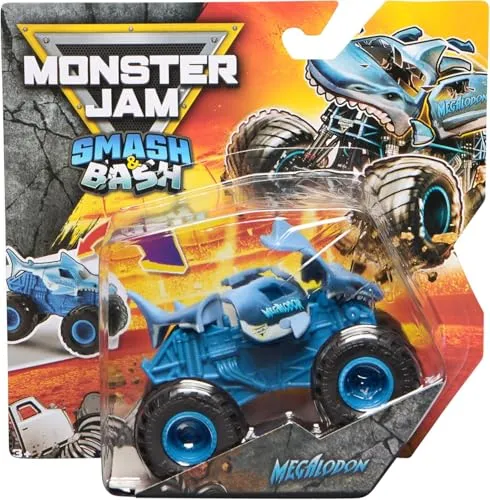 Monster Jam Megalodon Smash & Bash Die-Cast Monster Truck - Real Action Crash Reset Fahrzeug, Maßstab 1:64, Serie 01