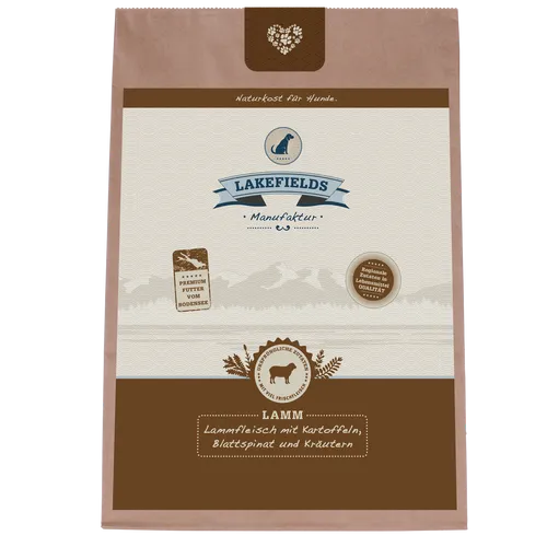 Lakefields Trockenfleisch-Menü Lamm für Hunde, 4 x 2.5 kg - Hundefutter | Getreidefreies Alleinfutter mit 68% Weidelamm, reich an Vitaminen und Mineralstoffen, schonend im Steinofen gebacken für optimale Nährstofferhaltung.