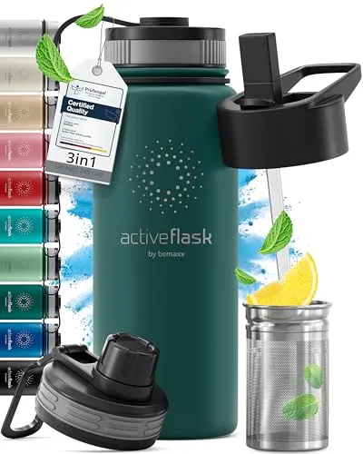 Trinkflasche Edelstahl ACTIVE FLASK mit Strohhalm in türkis von BeMaxx
