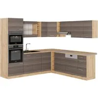 Vicco Winkelküche R-Line, Edelgrau/Goldkraft Eiche, 237 x 60 cm - Küchenzeilen mit L-Form, ideal für platzsparendes Kochen und individuelle Anpassung durch verschiedene Module. Optimale Höhenverstellbarkeit für Ihre Bedürfnisse.