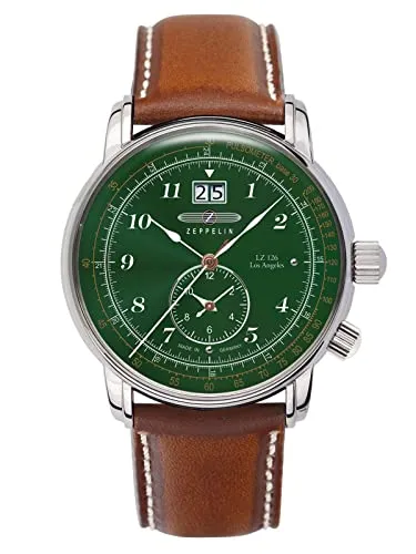 Zeppelin LZ126 Los Angeles Herrenuhr - Herrenuhr mit Swiss Quarzwerk, Dualzeitfunktion und elegantem Design in Braun/Grün, perfekt für Luftfahrt-Enthusiasten.