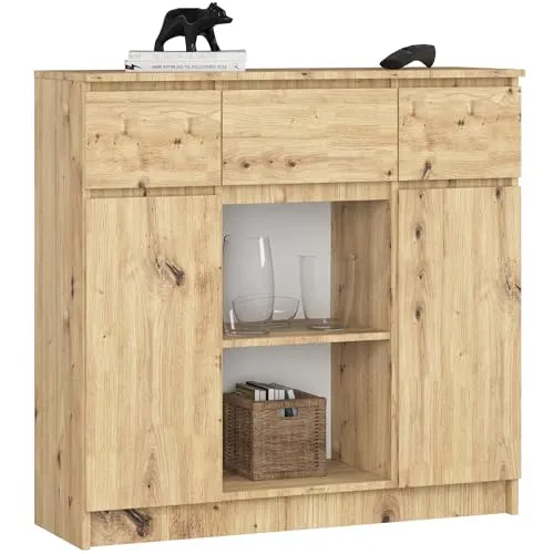 AKORD Kommode K100 mit 3 Schubladen, Schrank mit 2 Tür 6 Regalböden, Für das Wohnzimmer Schlafzimmer, Moderne, 16mm Laminierte Platte, B101xH98xT35 cm, Farbe Artisan-Eiche & Artisan-Eiche