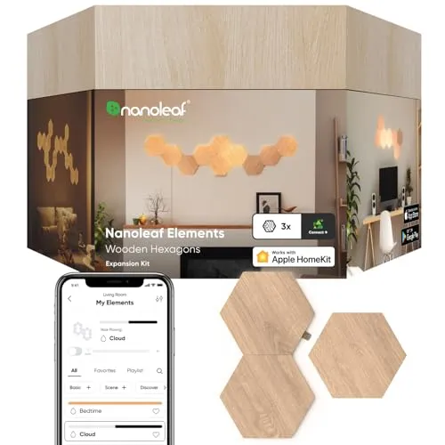 Nanoleaf Elements Wood Look Hexagons Expansion Pack - Vernetzte Innenbeleuchtung Erweiterung mit Holzoptik, ideal zur kreativen Raumgestaltung und Erweiterung Ihres Nanoleaf-Systems.