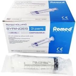 Romed Einwegspritze 200 ml - Wund- & Blasenspritze mit Luer-Ansatz - Medizinische Spritze für Blasenspülung und Wundversorgung, 3-teilig, transparent, ohne Kanüle, mit präziser Skala in ml für einfache Anwendung.