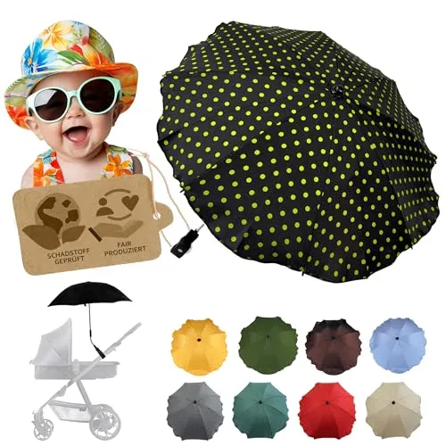 Sonnenschutz universal [Sonnenschirm für Kinderwagen] Buggy UV Schutz 50+ mit Universalhalterung biegsamer Schirm für Rund- und Ovalrohre verstellbar (schwarz-grün Punkte)