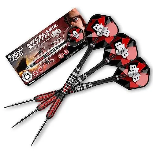 Shot! Steel Darts | Michael Smith | Bully Boy | Defiant | 90% Tungsten Steeltip Darts | Steeldart | Hochwertige Tungsten Dartpfeile Set mit Schäften und Flights | Made in Neuseeland | 23 Gramm