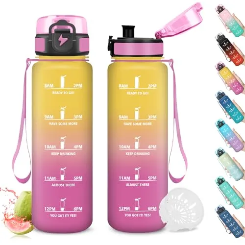 Mujigaga Trinkflasche 1l, Trinkflasche Sport Auslaufsicher, Wasserflasche mit Zeitmarkierung, Flasche mit Schnürung und Uhrzeit, Leicht zu Reinigen, Sichere Verriegelung, für Schule, Büro, Outdoor